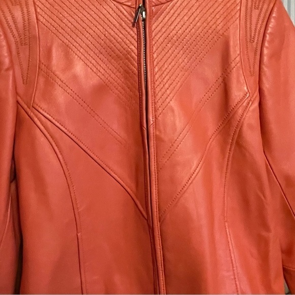 Bianca Nygard Orange Leather Crop Jacket-Zip up-Texturized Stitching - Size 8 - Picture 10 of 12